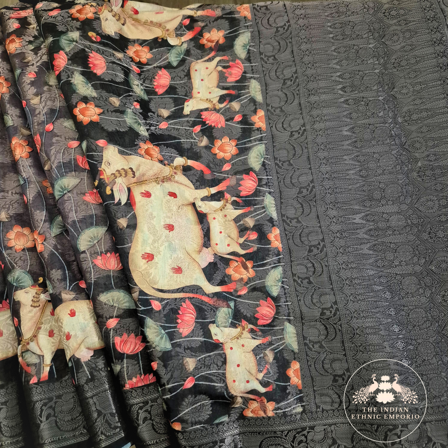 Beautiful Black Handloom Silk Pichwai Print Saree