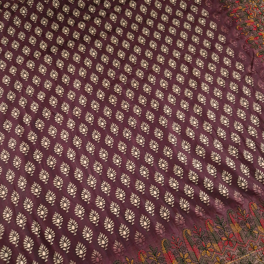 Purple Color Karigari Kantha Semi Tussar x Kantha Hand Embroidery x Hand Block Print for women