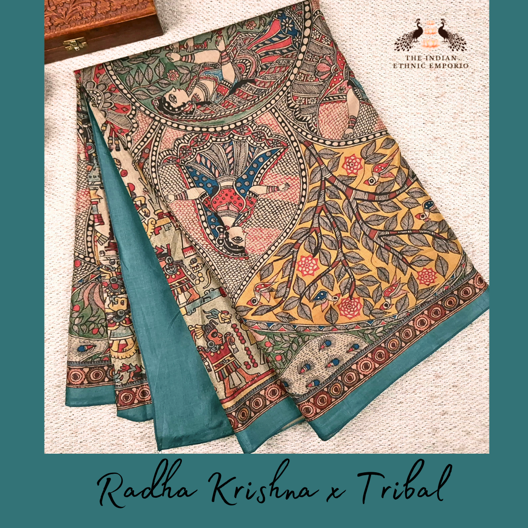 Radha Krishna X Tribal - Madhubani Print Tussar Silk Saree from THE SAREE STORY