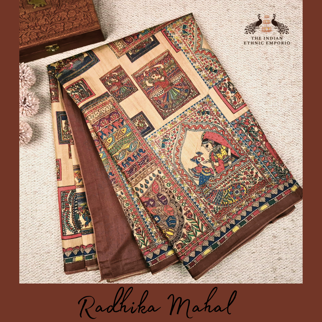 brown color madhubani print saree showcasing glimpses of shri Radha Krisna life