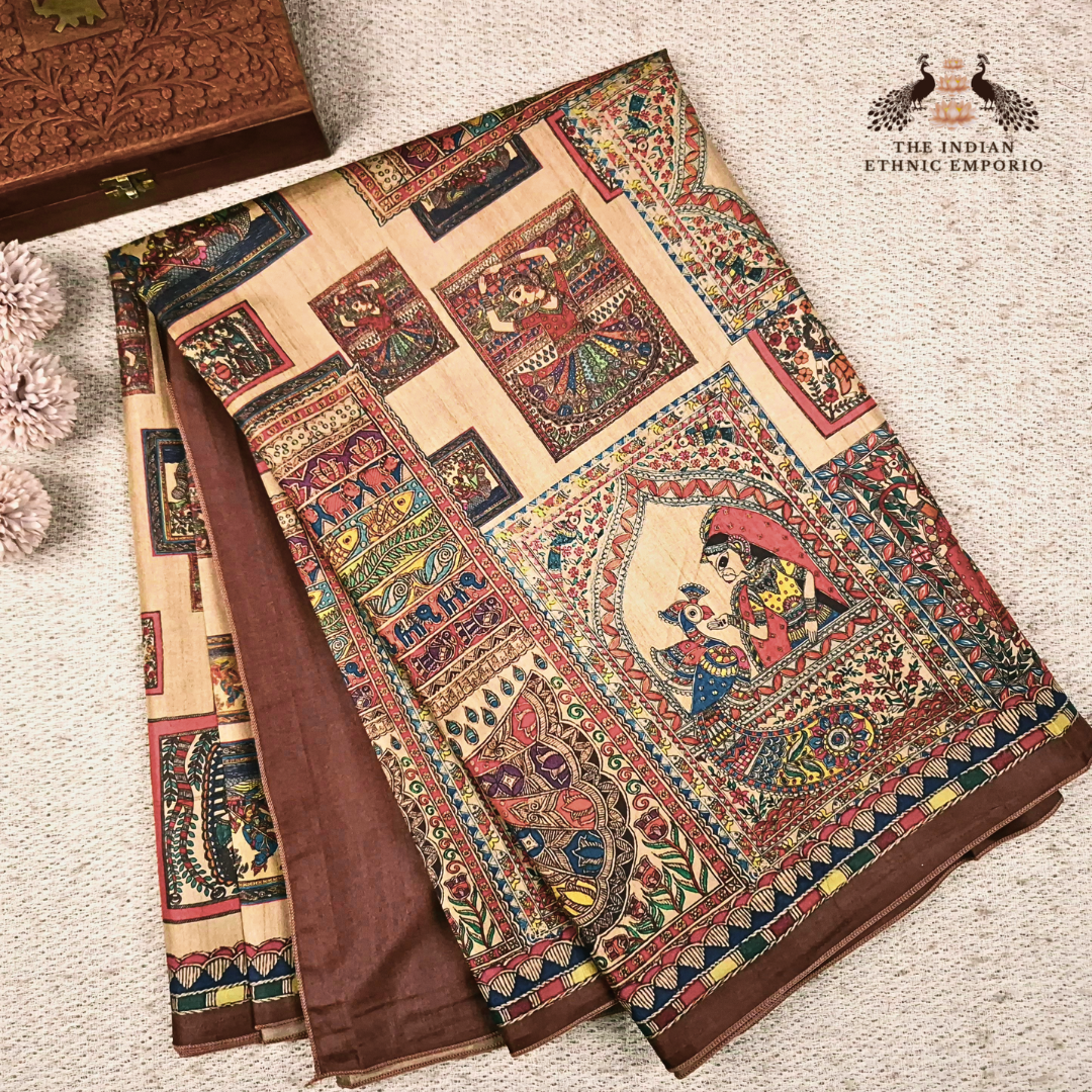 brown color madhubani print saree showcasing glimpses of shri Radha Krishna life