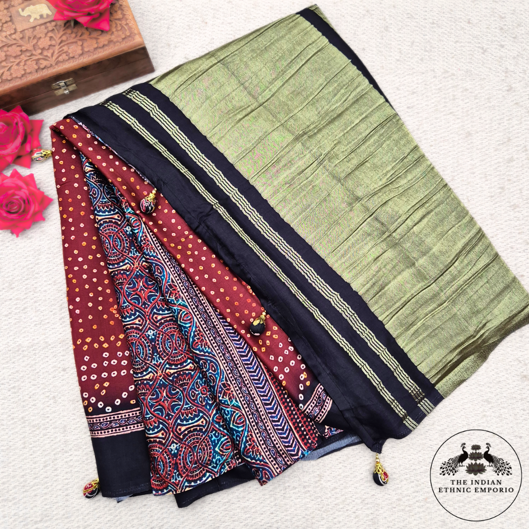 maroon & black color bandhej / bandhani & ajrakh print modal silk saree
