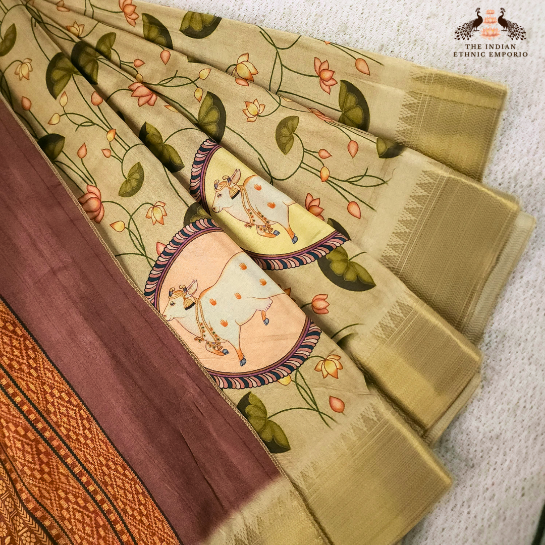 Beige color Tussar Silk Pichwai Saree from Pichwai Palette Collection - SAADGI