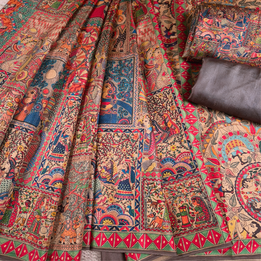 SAKHI RI SAJAN - Madhubani Print Tussar Silk Saree from THE SAREE STORY