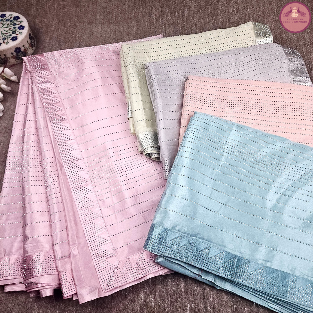Pastel Hues - Satin Sarees with Swarovski Work