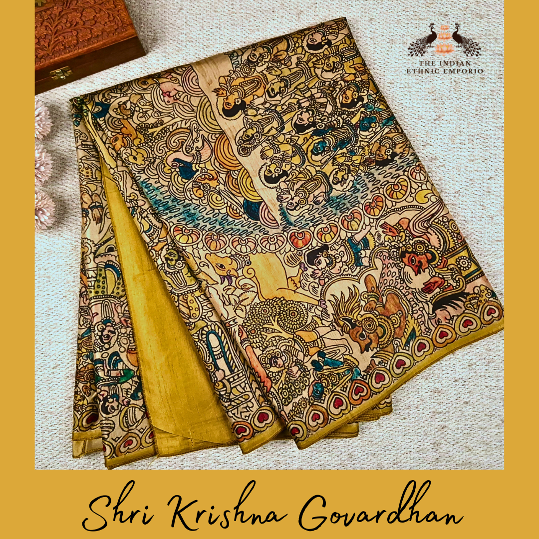 SHRI KRISHNA GOVARDHAN- Madhubani Print Tussar Silk Saree from THE SAREE STORY