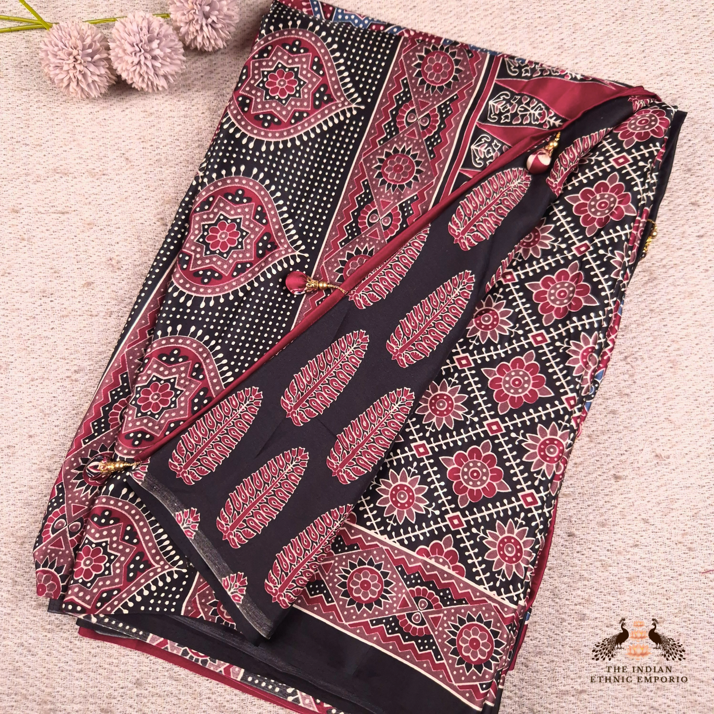 The Ajrakh Collection - The Floral Constellation - Satin Silk Saree