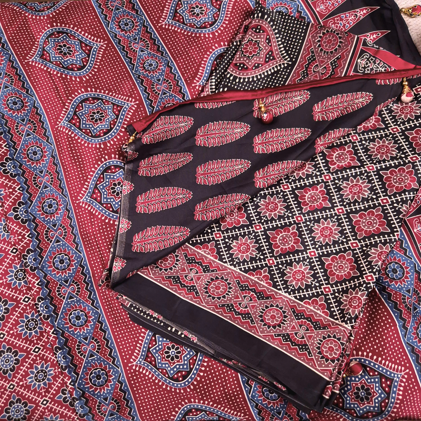 The Ajrakh Collection - The Floral Constellation - Satin Silk Saree