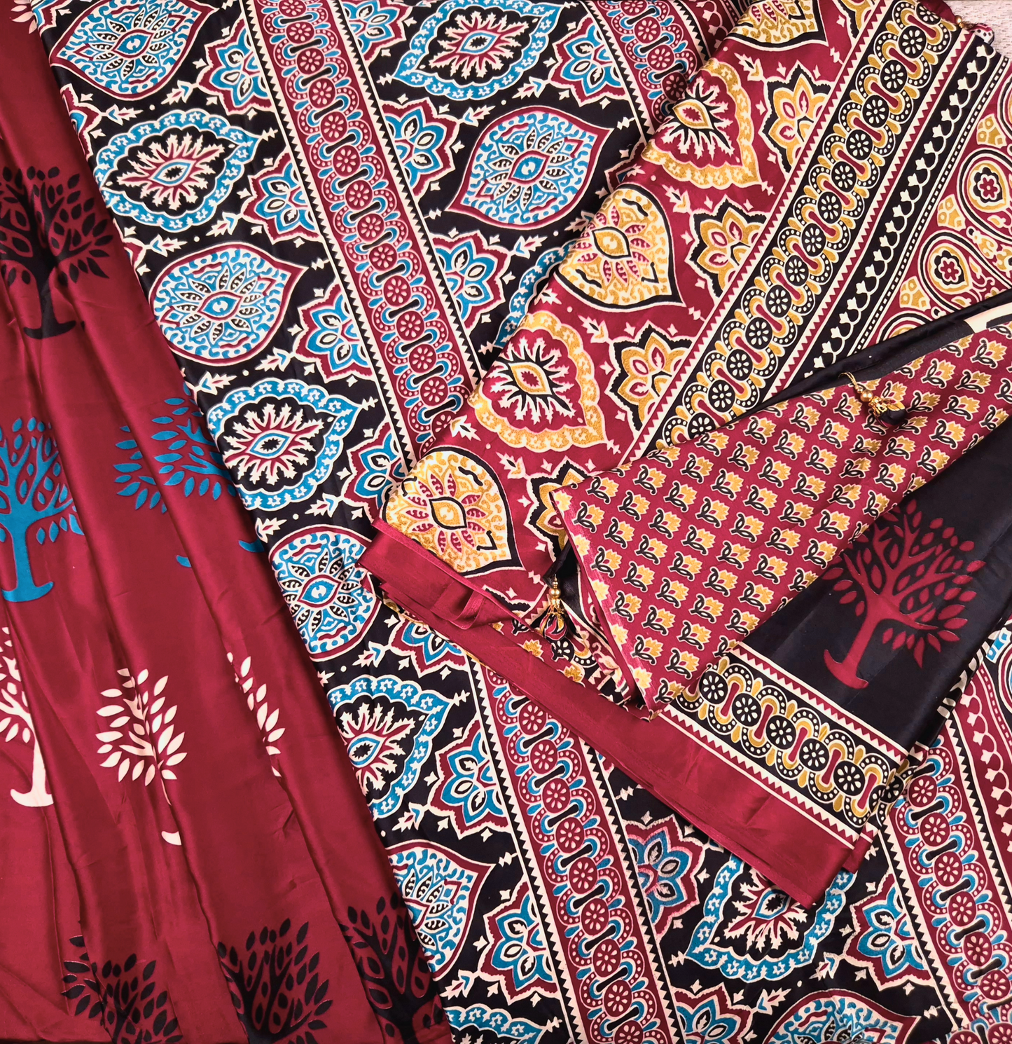 The Ajrakh Collection - TREE OF LIFE- Satin Silk Saree