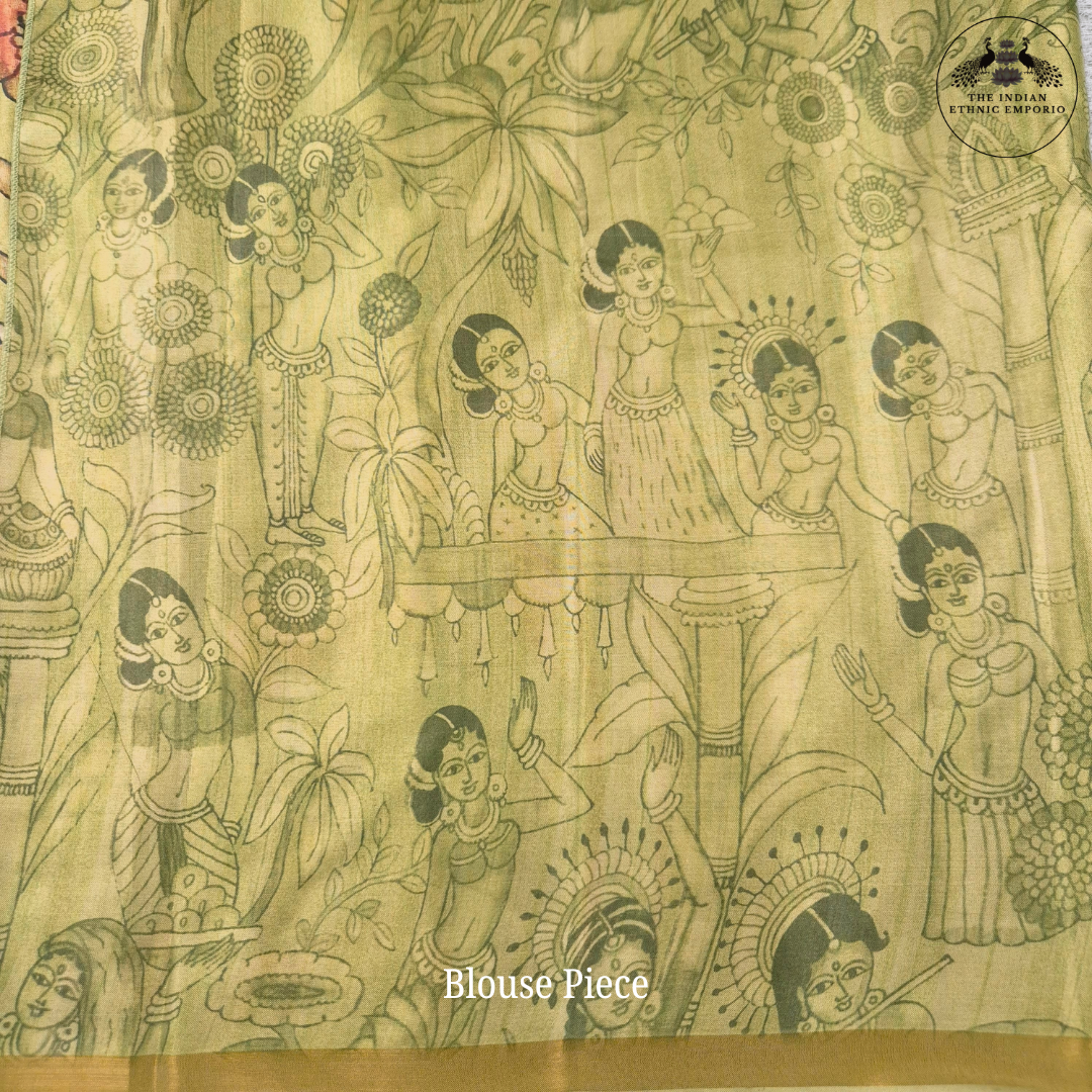 Vibrant Green Color Bhagalpuri Silk Saree with Women Figurine Print - सुंदरी - Kalamkari Katha