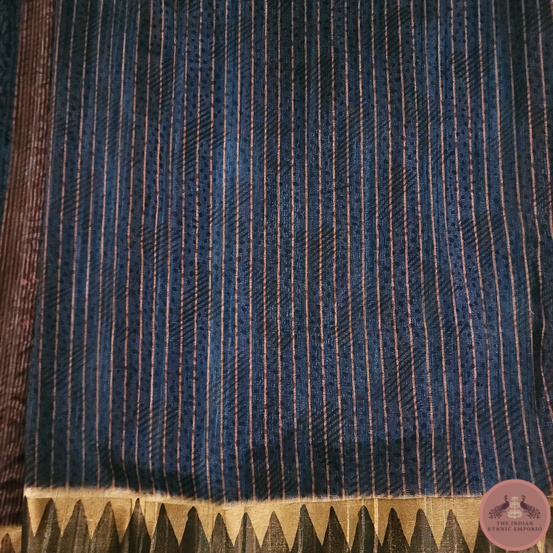 Navy Blue Color God Figurine Printed Gicha Silk Saree From 'Gicha Glory' Collection- DEVLOK