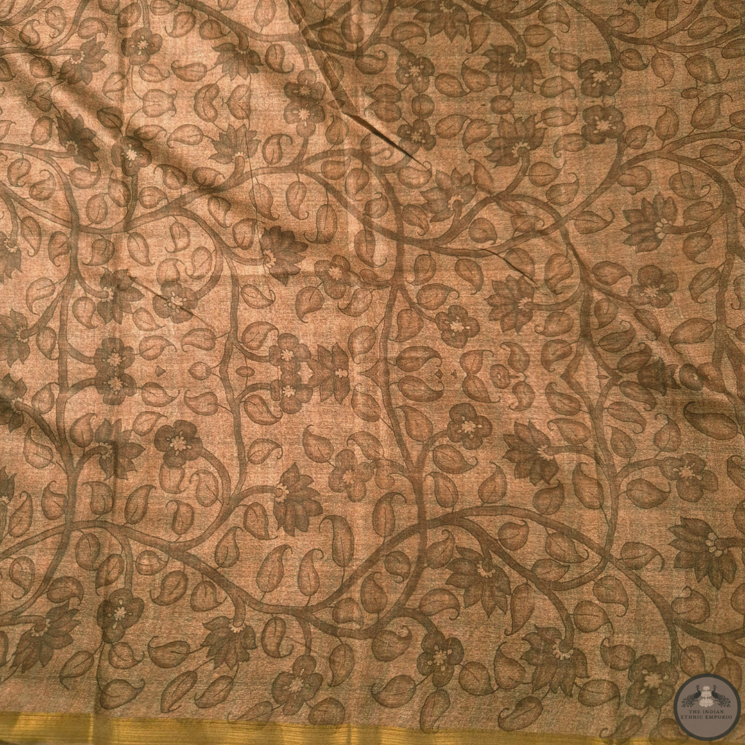 Brown Color Bhagalpuri Silk Saree with Human Figurines Print - मानव चित्र - Kalamkari Katha