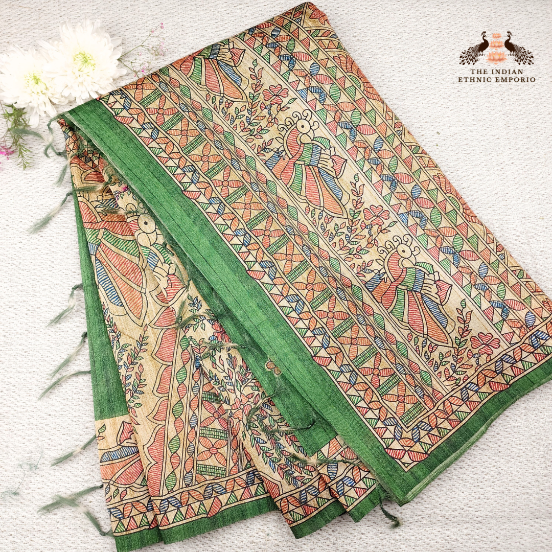 green color color madhubnai print vegan silk saree