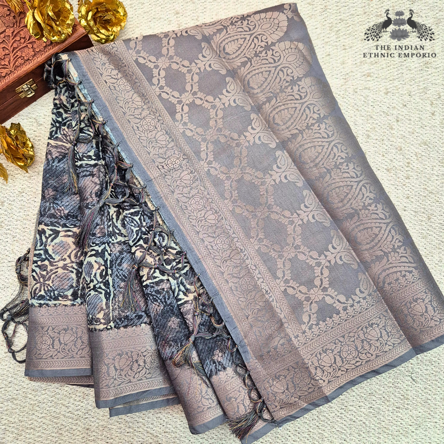 Premium Handloom Silk Saree with Block Print & Zari Weave