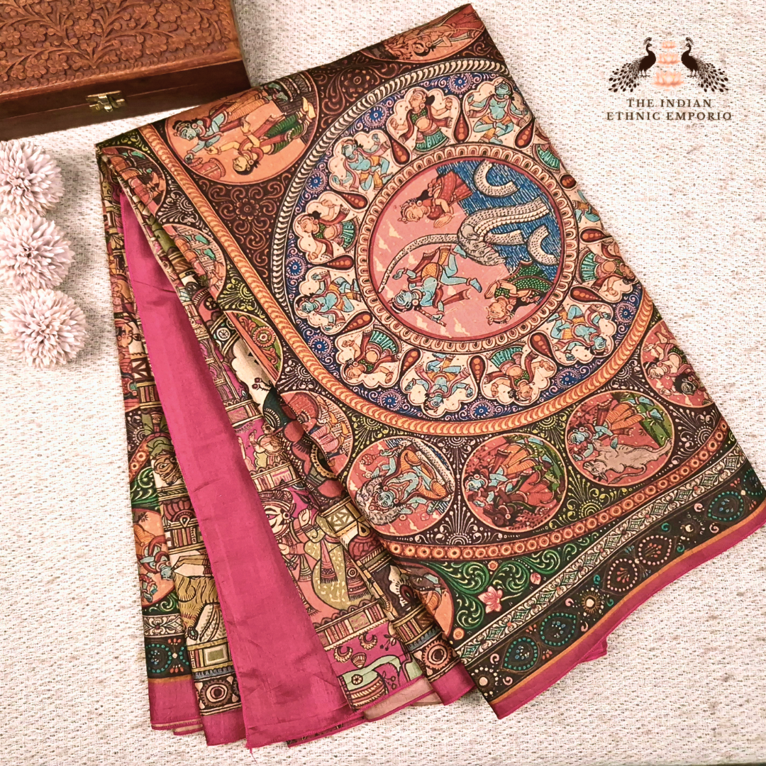 Shri Krishna Vijaya - Madhubani Print Tussar Silk Saree from THE SAREE STORY