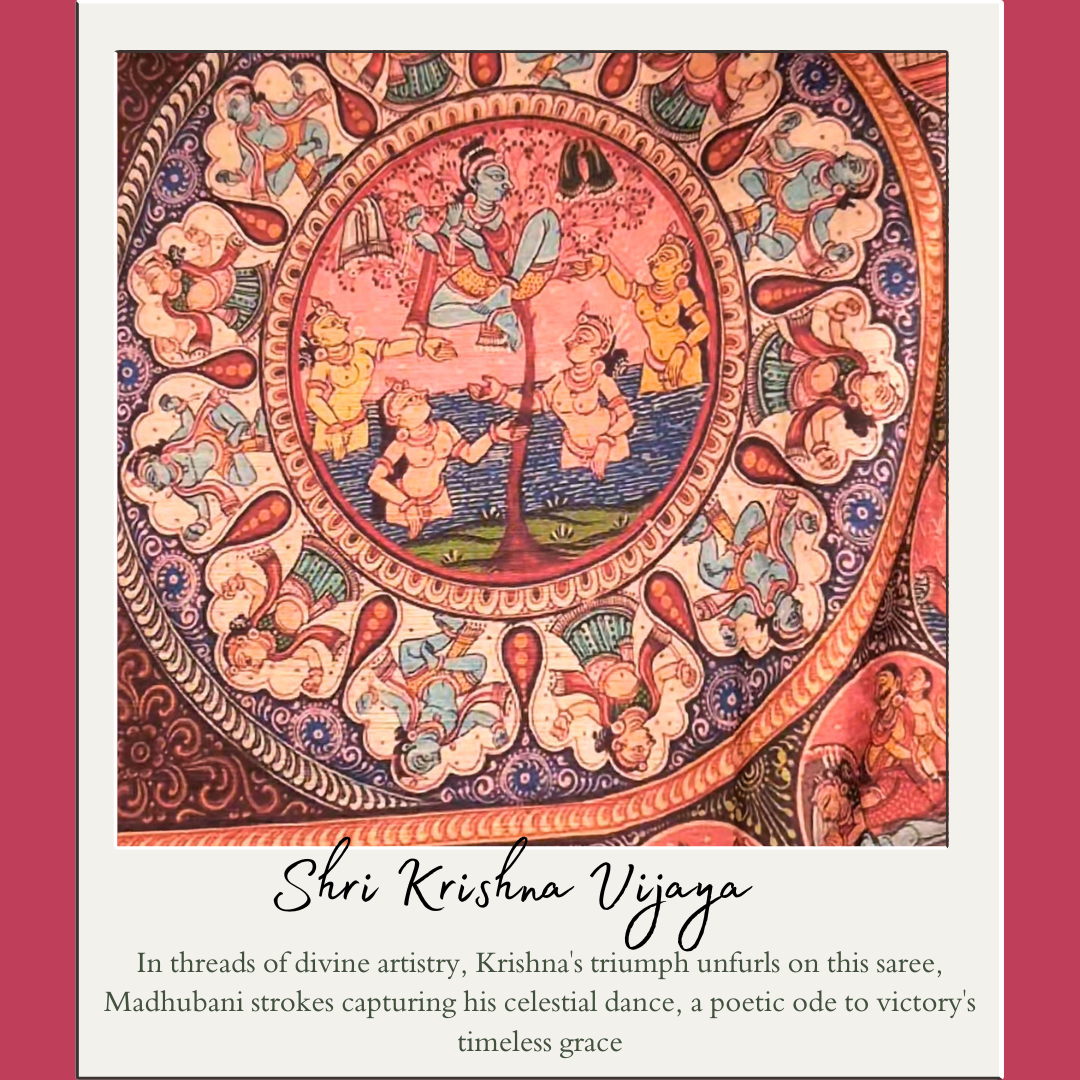 Shri Krishna Vijaya - Madhubani Print Tussar Silk Saree from THE SAREE STORY