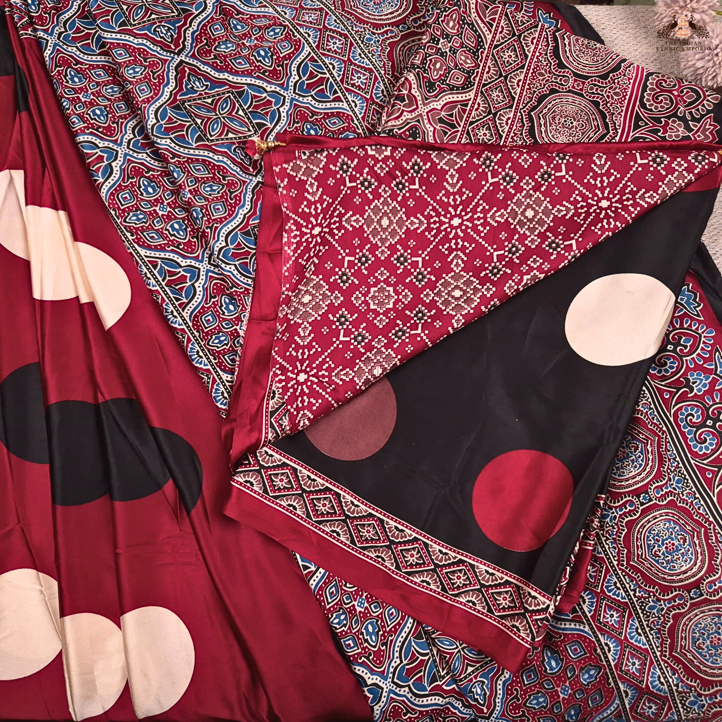 The Ajrakh Collection - Bold Polka - Satin Silk Saree