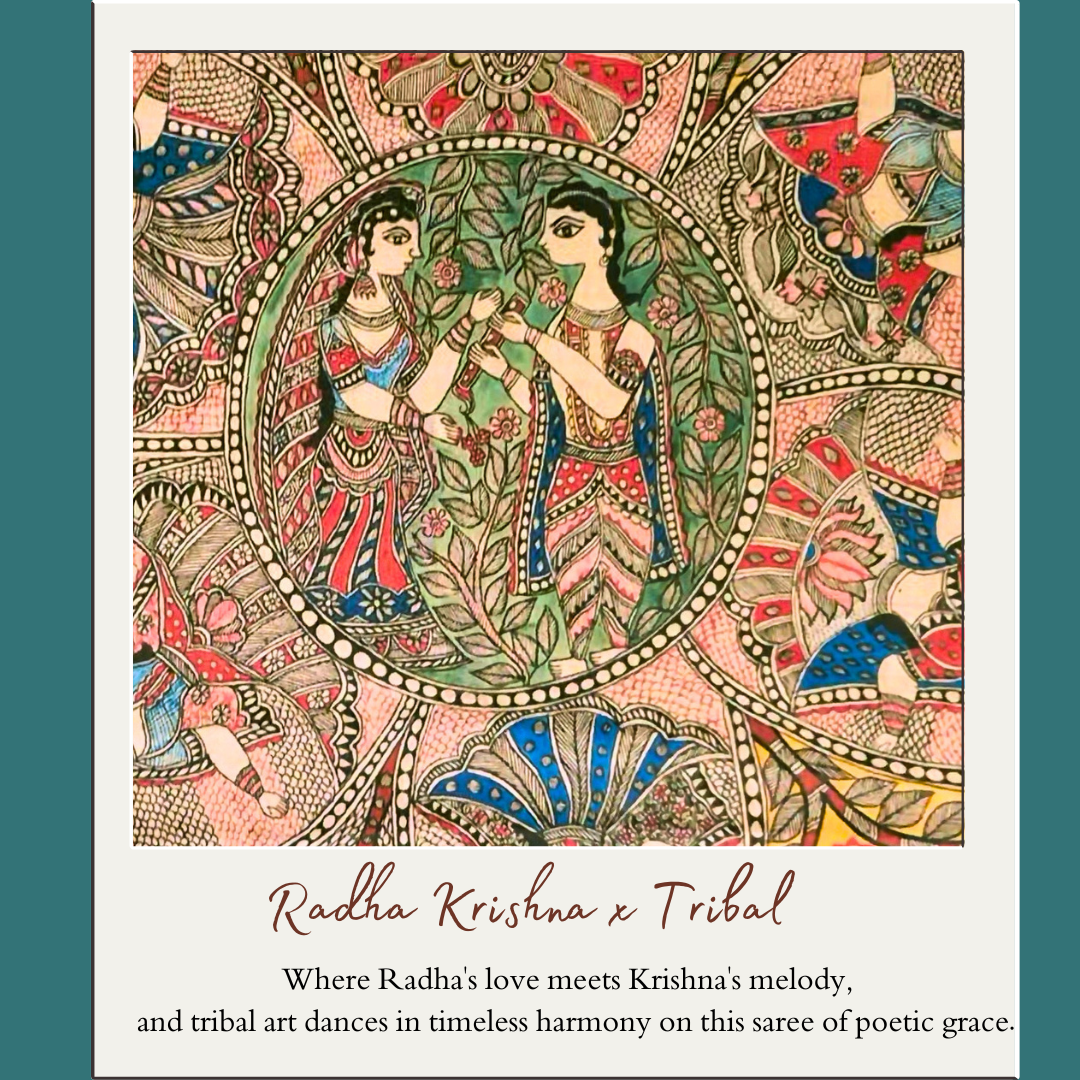 Radha Krishna X Tribal - Madhubani Print Tussar Silk Saree from THE SAREE STORY