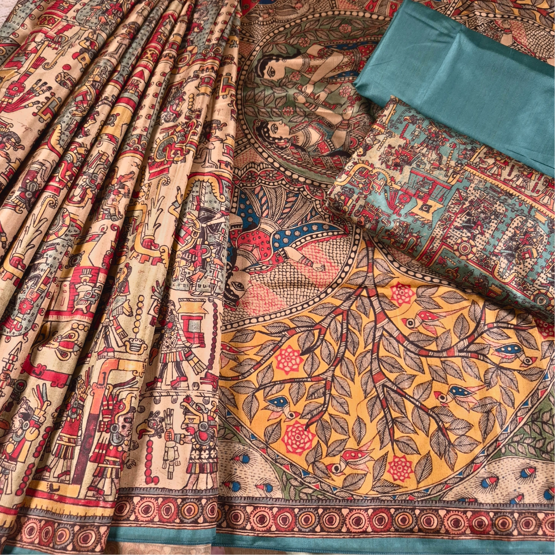 Radha Krishna X Tribal - Madhubani Print Tussar Silk Saree from THE SAREE STORY