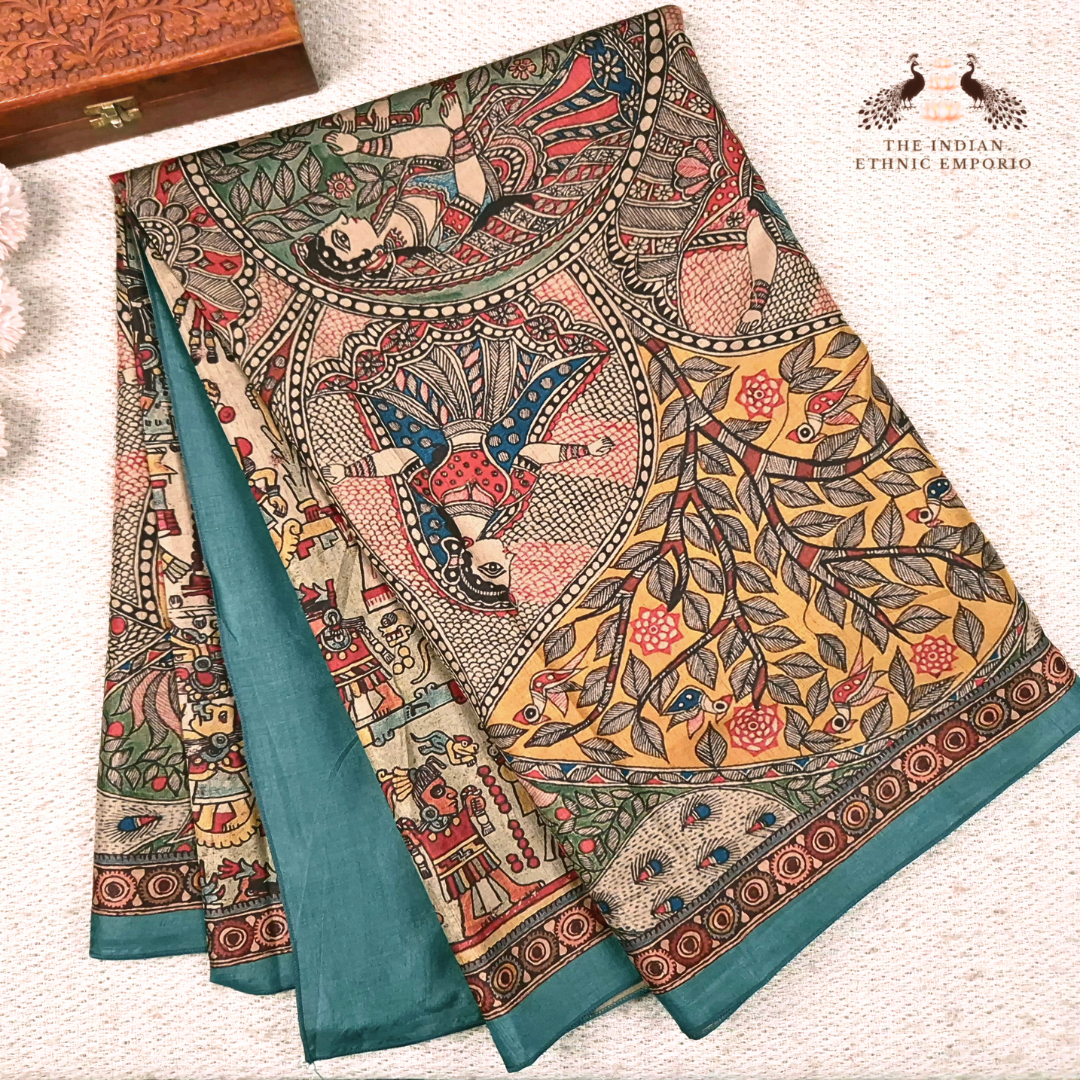 Radha Krishna X Tribal - Madhubani Print Tussar Silk Saree from THE SAREE STORY