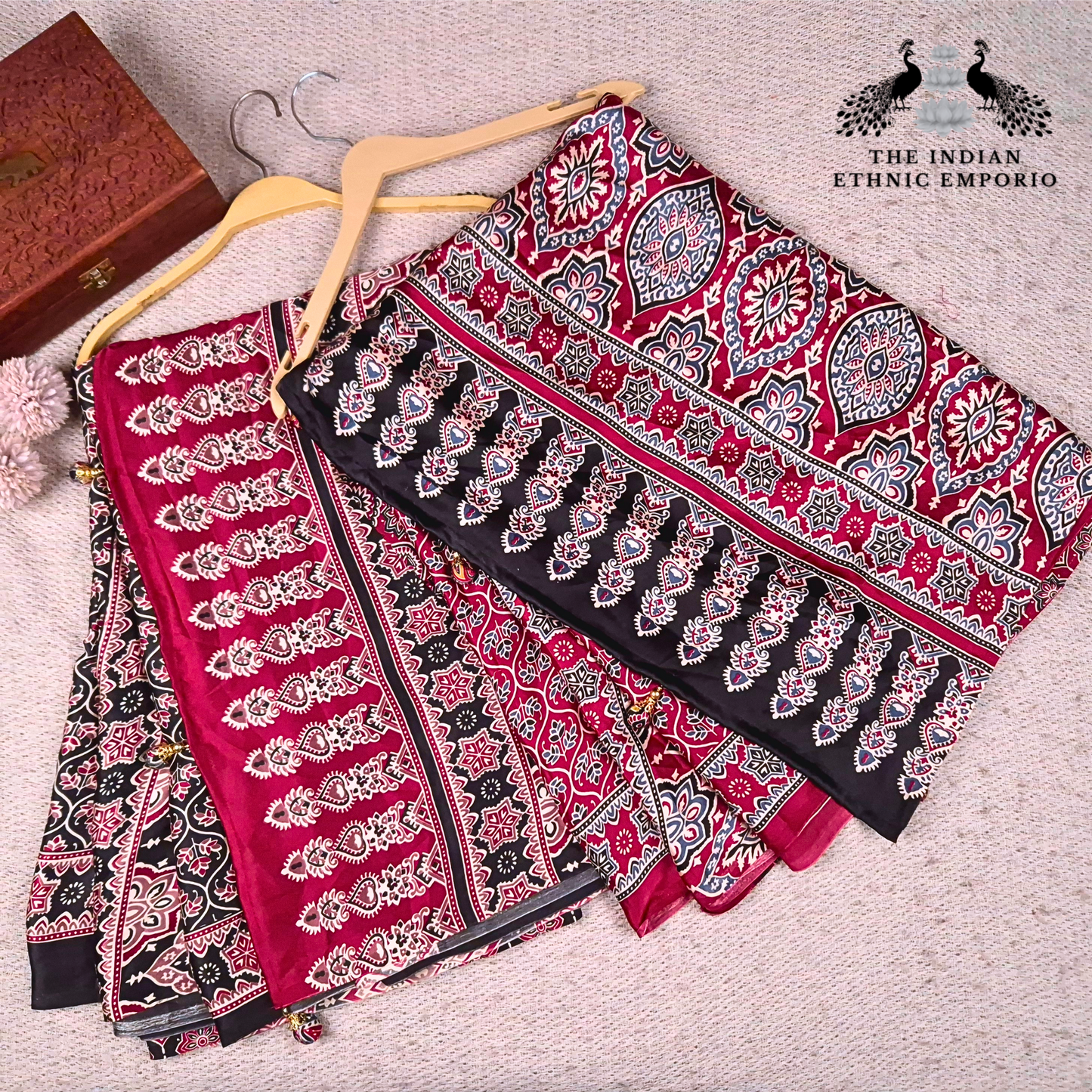 The Ajrakh Collection - The Floral Brackets- Satin Silk Saree