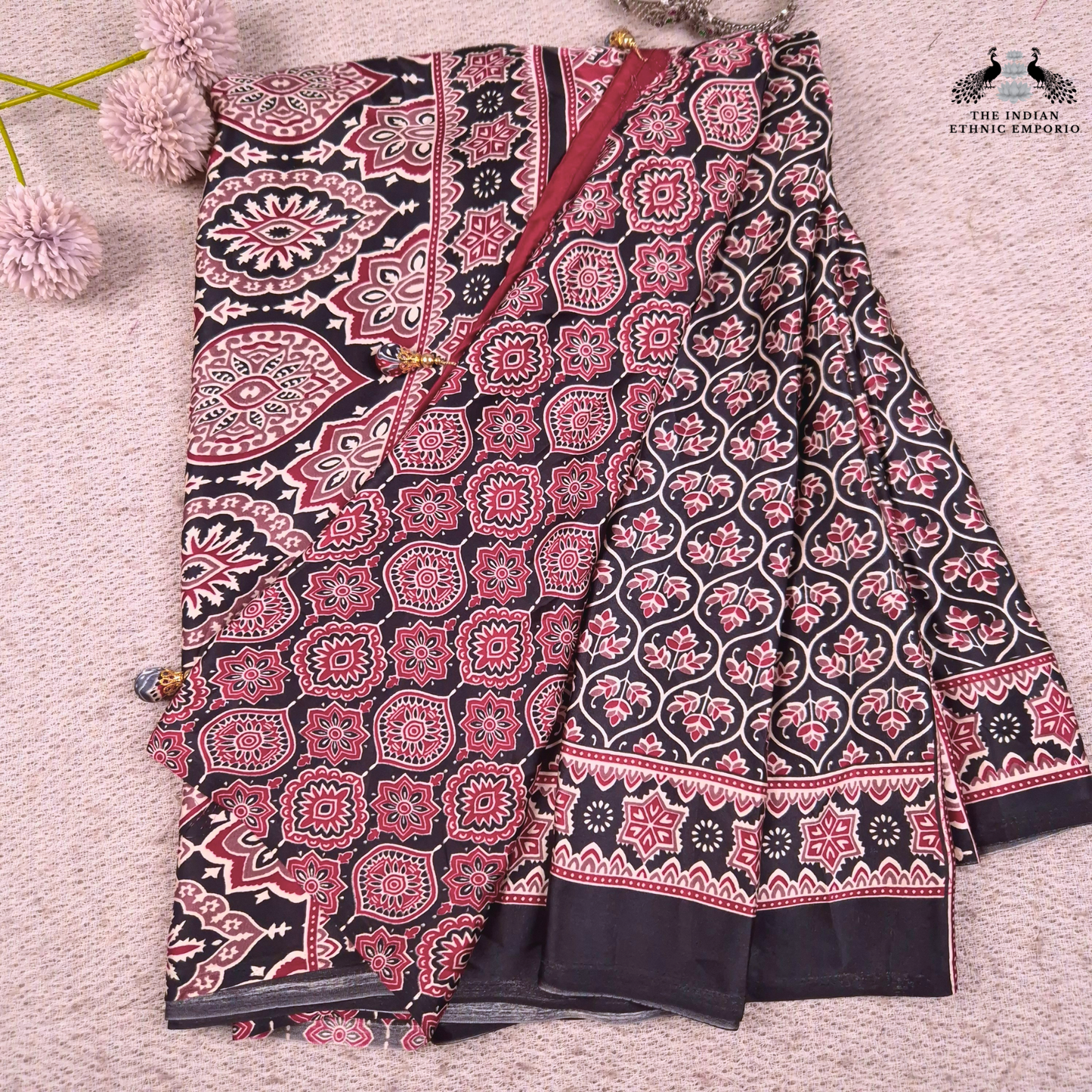 The Ajrakh Collection - The Floral Brackets- Satin Silk Saree