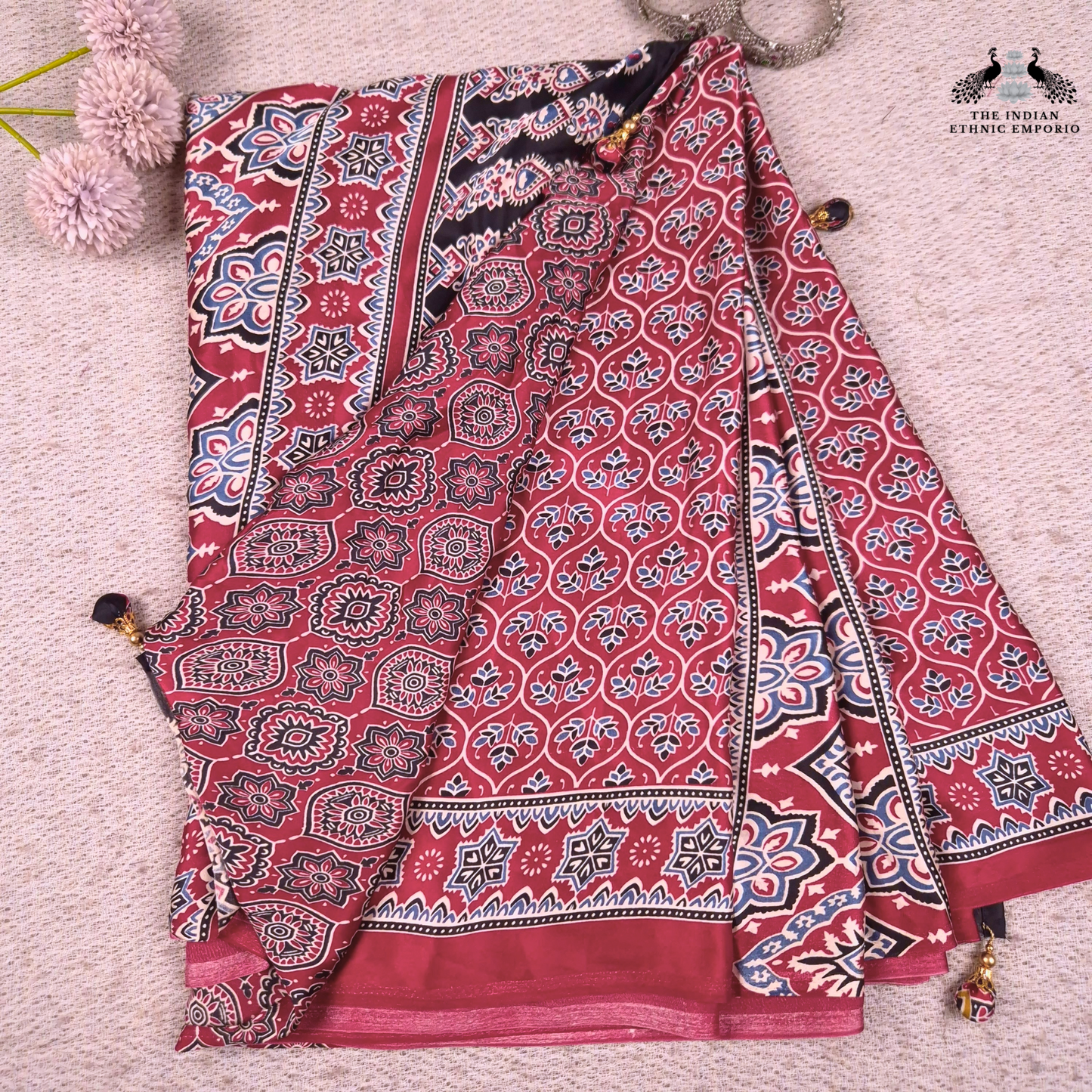 The Ajrakh Collection - The Floral Brackets- Satin Silk Saree