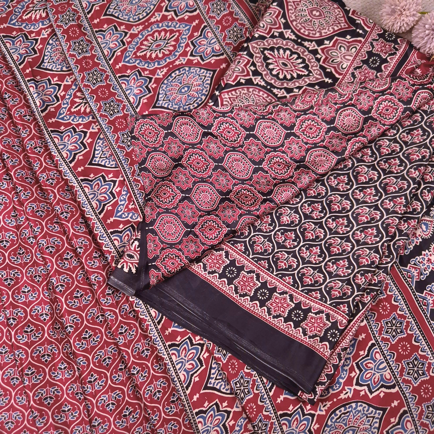 The Ajrakh Collection - The Floral Brackets- Satin Silk Saree