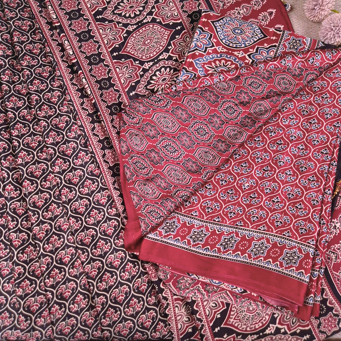 The Ajrakh Collection - The Floral Brackets- Satin Silk Saree