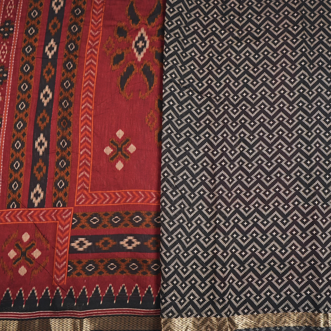 Red & Black Color Pure Samabalpur Cotton Saree | Ikkat Design | Jugalbandi Collection - Design 1