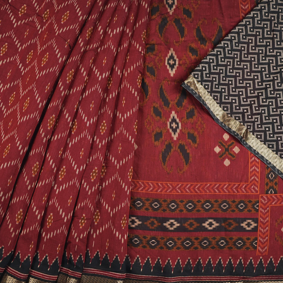 Red & Black Color Pure Samabalpur Cotton Saree | Ikkat Design | Jugalbandi Collection - Design 1