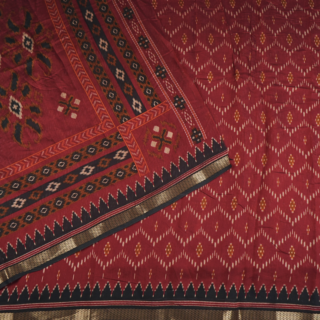 Red & Black Color Pure Samabalpur Cotton Saree | Ikkat Design | Jugalbandi Collection - Design 1