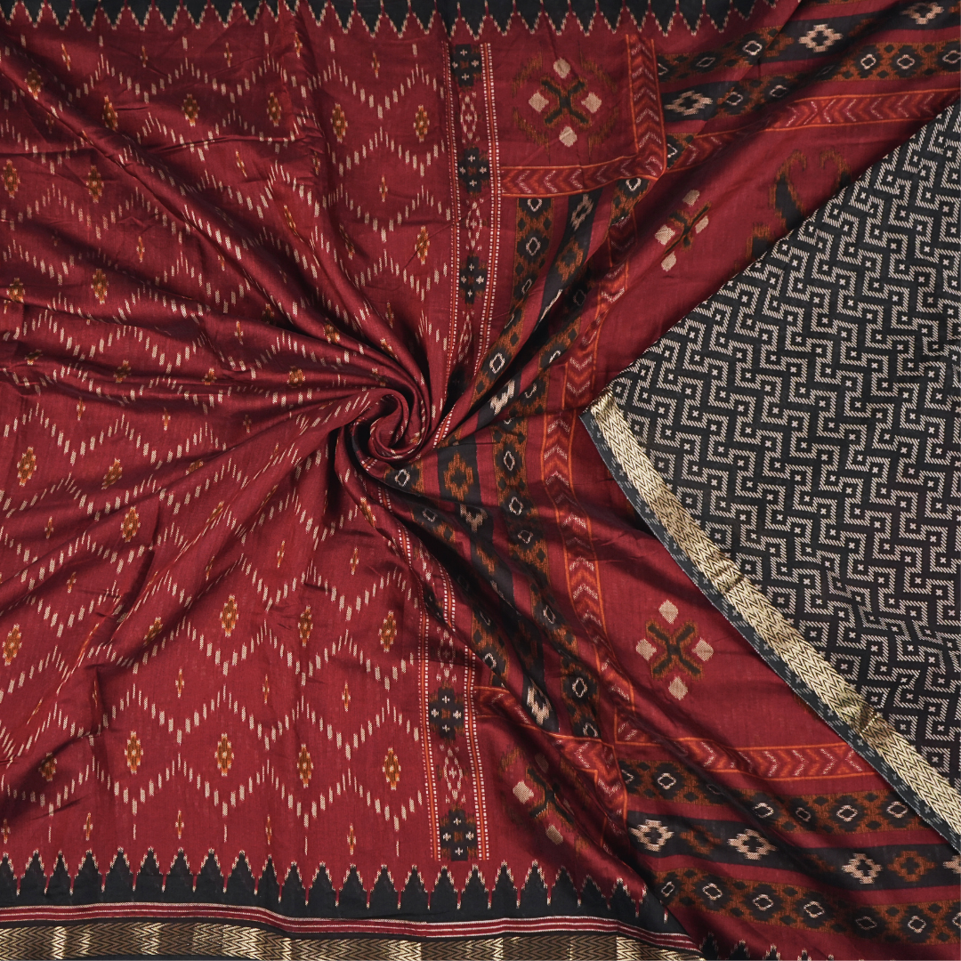 Red & Black Color Pure Samabalpur Cotton Saree | Ikkat Design | Jugalbandi Collection - Design 1