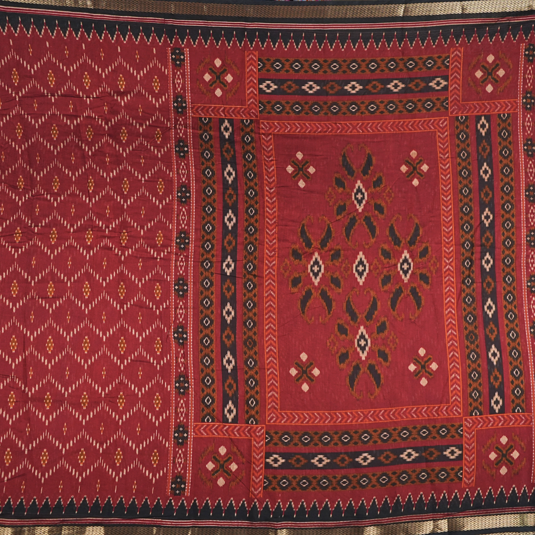 Red & Black Color Pure Samabalpur Cotton Saree | Ikkat Design | Jugalbandi Collection - Design 1