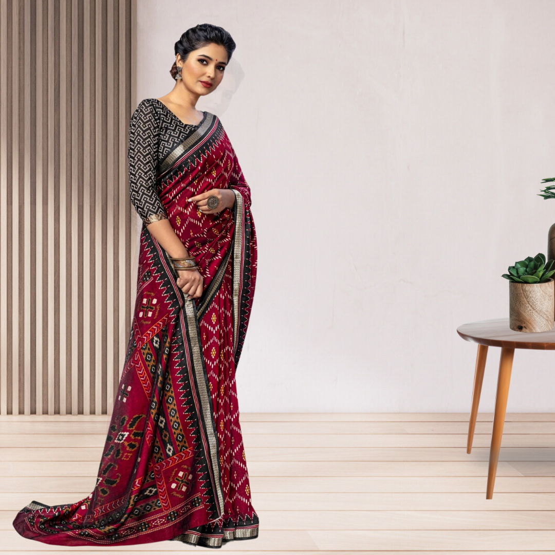 Red & Black Color Pure Samabalpur Cotton Saree | Ikkat Design | Jugalbandi Collection - Design 1