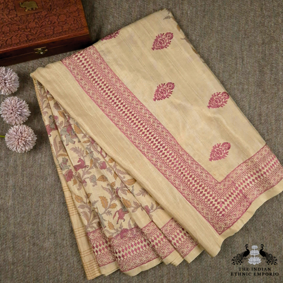 Tussar Silk Saree with Embroidery & Shikaar Print