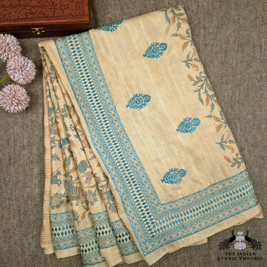 Tussar Silk Saree with Embroidery & Shikaar Print