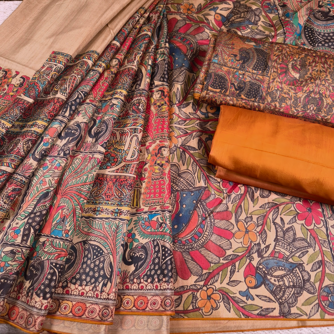 Shikaar Baagh - Madhubani Print Tussar Silk Saree from THE SAREE STORY
