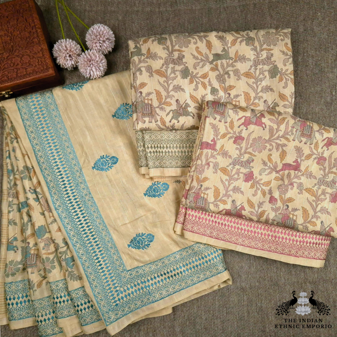 Tussar Silk Saree with Embroidery & Shikaar Print