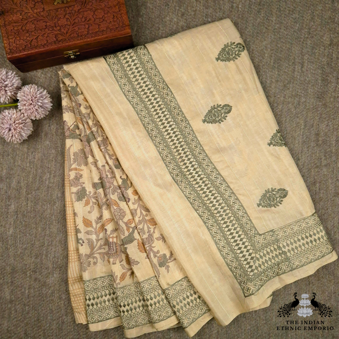 Tussar Silk Saree with Embroidery & Shikaar Print