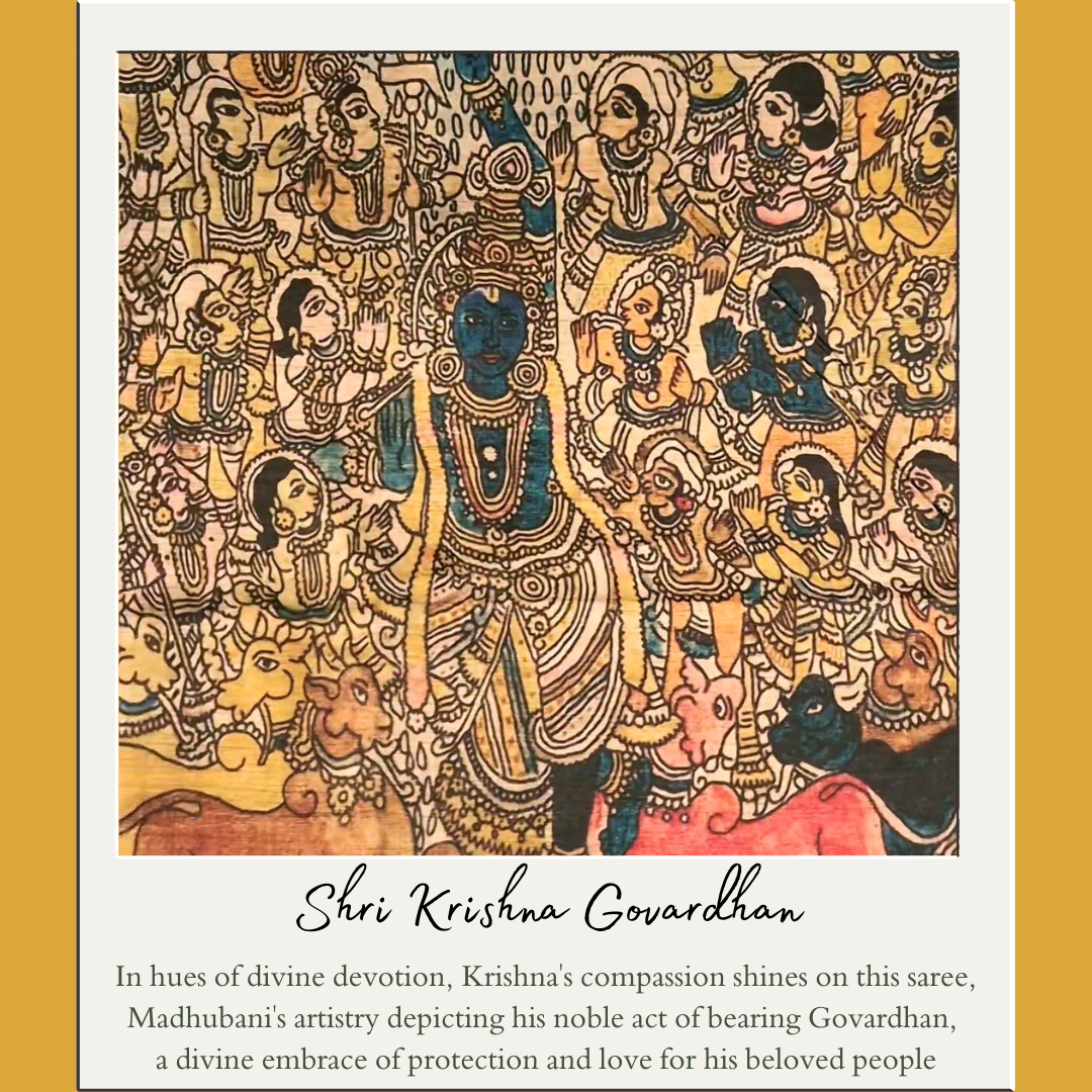SHRI KRISHNA GOVARDHAN- Madhubani Print Tussar Silk Saree from THE SAREE STORY