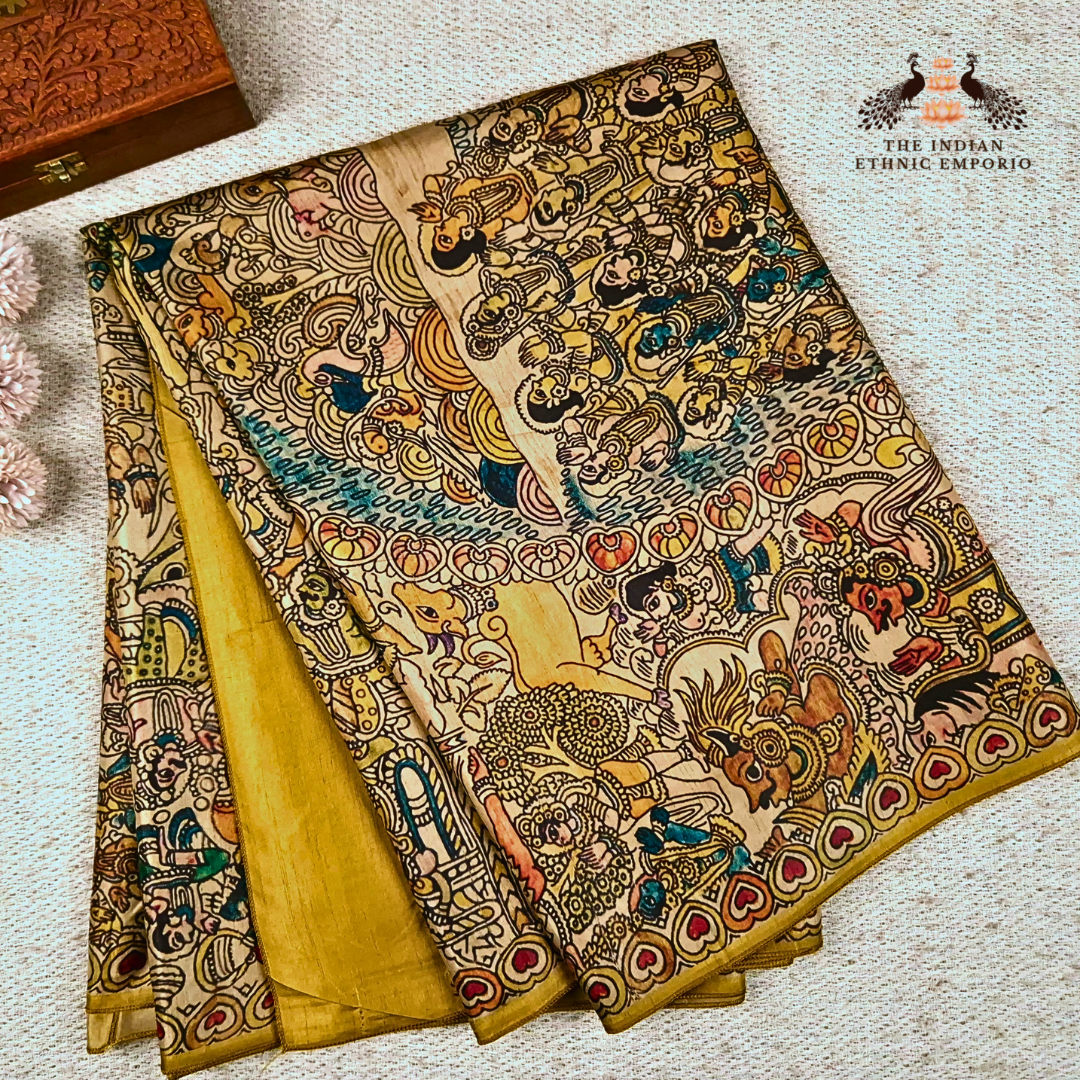 SHRI KRISHNA GOVARDHAN- Madhubani Print Tussar Silk Saree from THE SAREE STORY