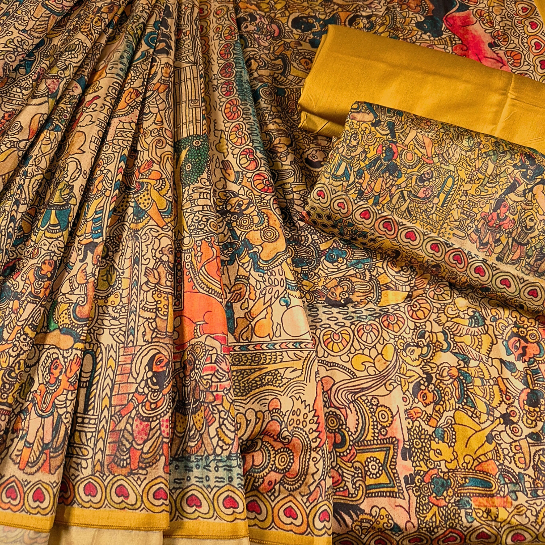 SHRI KRISHNA GOVARDHAN- Madhubani Print Tussar Silk Saree from THE SAREE STORY