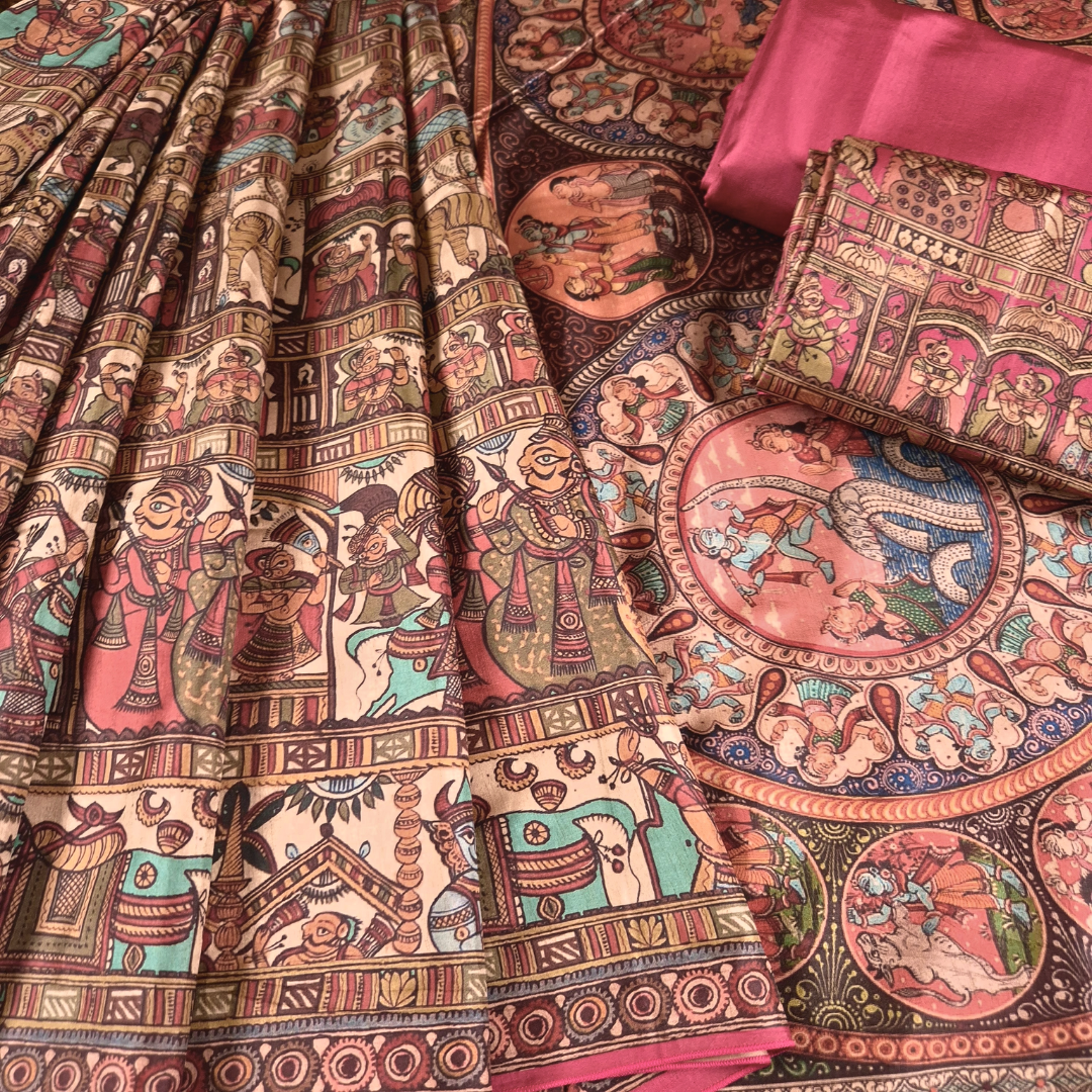 Shri Krishna Vijaya - Madhubani Print Tussar Silk Saree from THE SAREE STORY