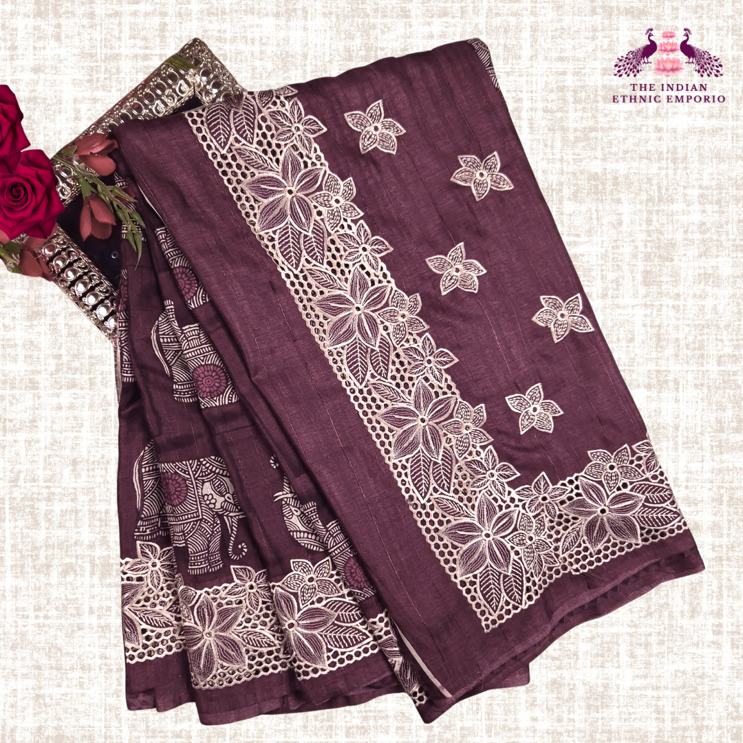 Tussar Silk Sarees with Elehphant Motif Print & Cut Work Border