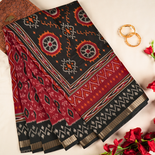 Red & Black color Pure Sambalpur Cotton Saree | Ikkat Design | Jugalbandi Collection - Design 2
