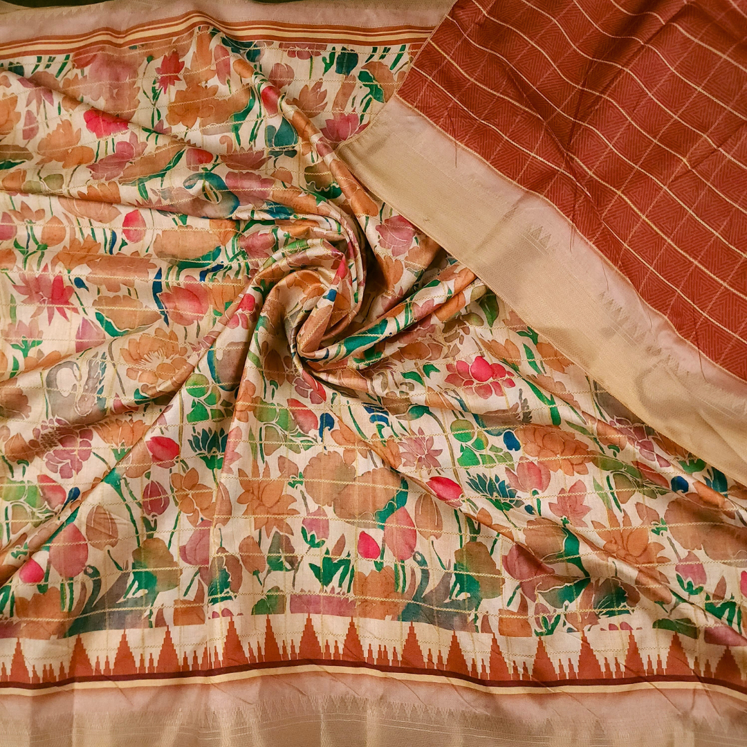 Beige Color Tussar Silk Pichwai Saree from Pichwai Palette Collection - BEIGE BLOOM