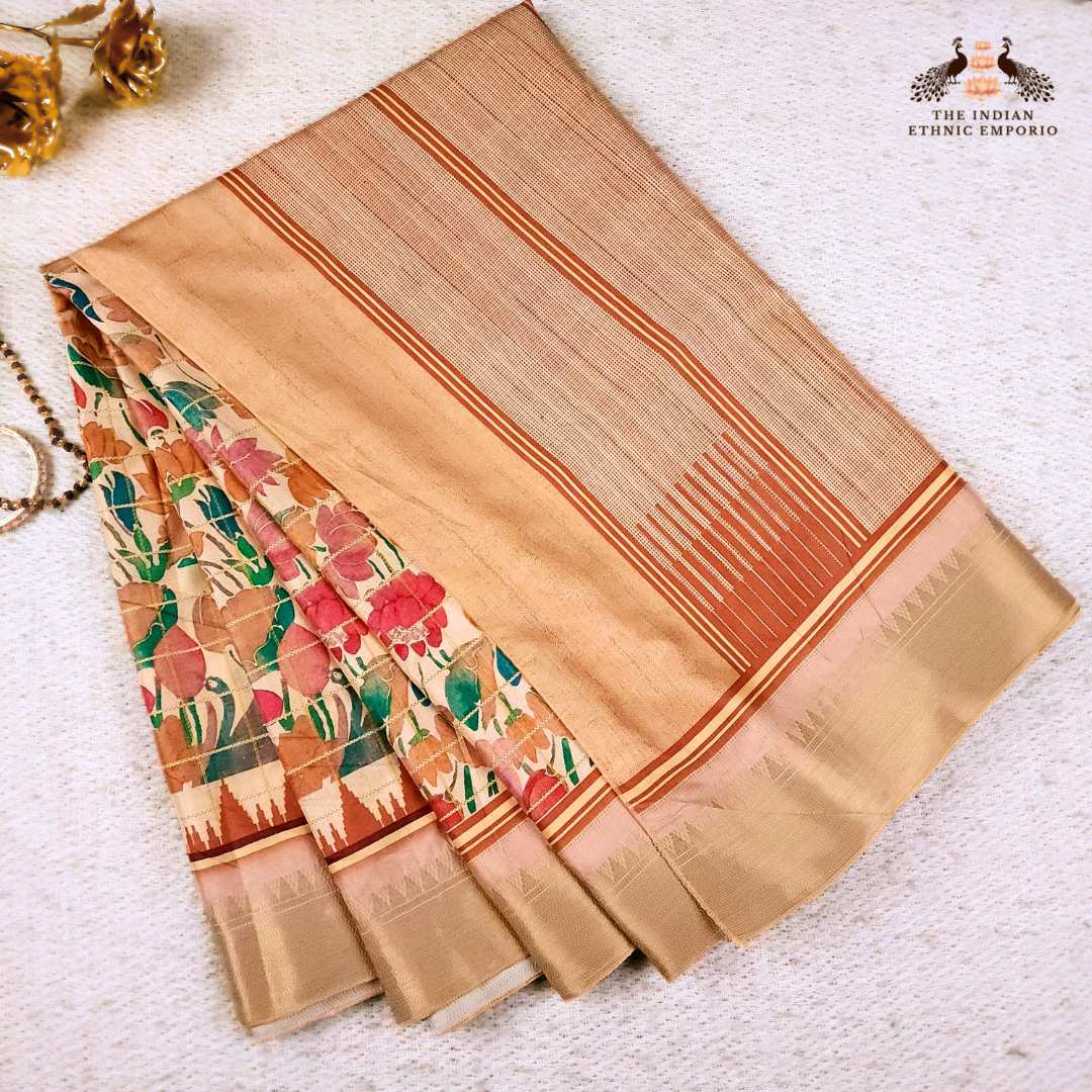 Beige Color Tussar Silk Pichwai Saree from Pichwai Palette Collection - BEIGE BLOOM