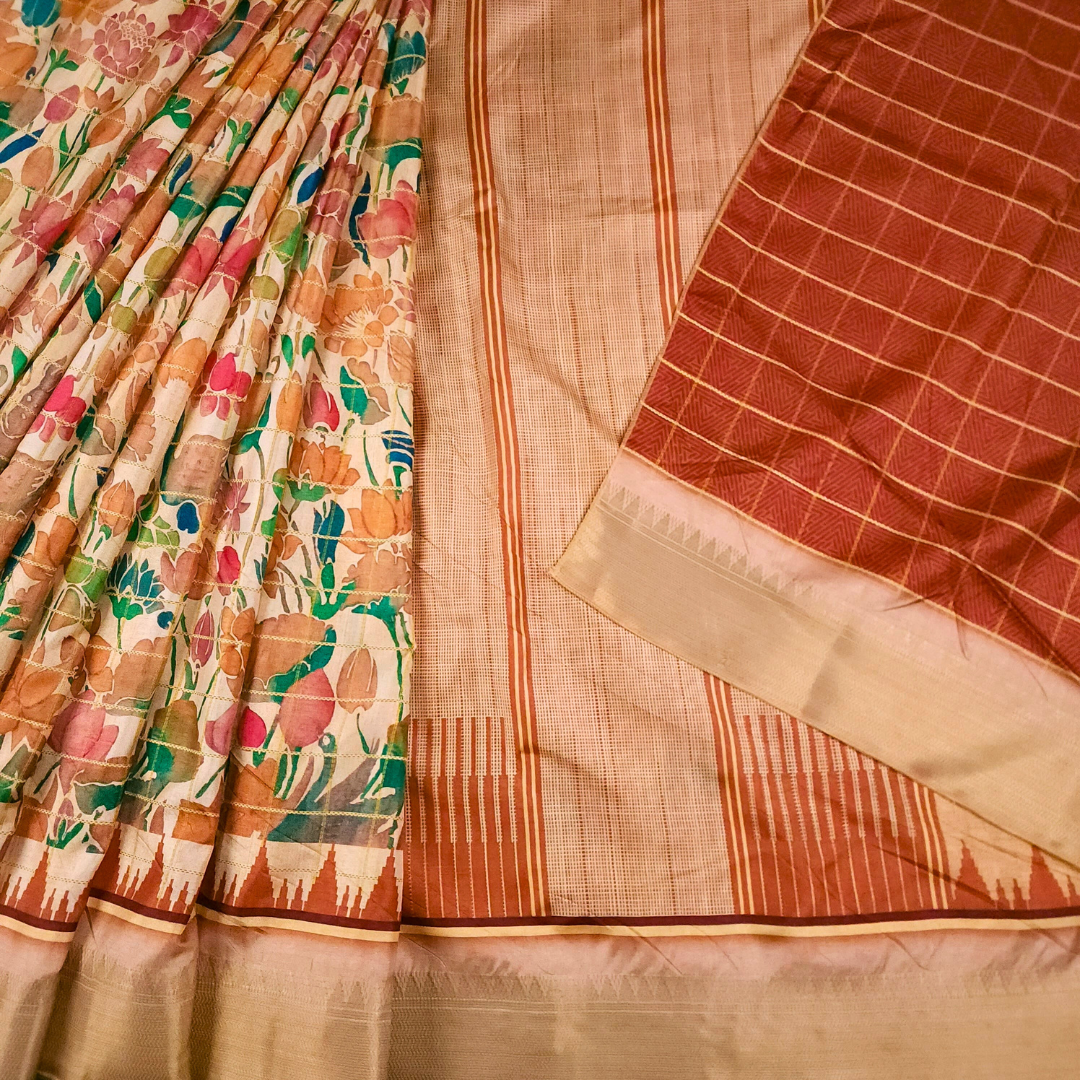 Beige Color Tussar Silk Pichwai Saree from Pichwai Palette Collection - BEIGE BLOOM