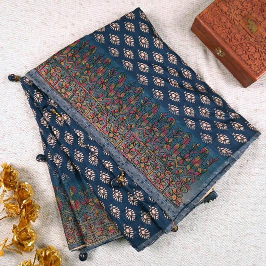 Blue saree Karigari Kantha Semi Tussar x Kantha Hand Embroidery x Hand Block Print for women